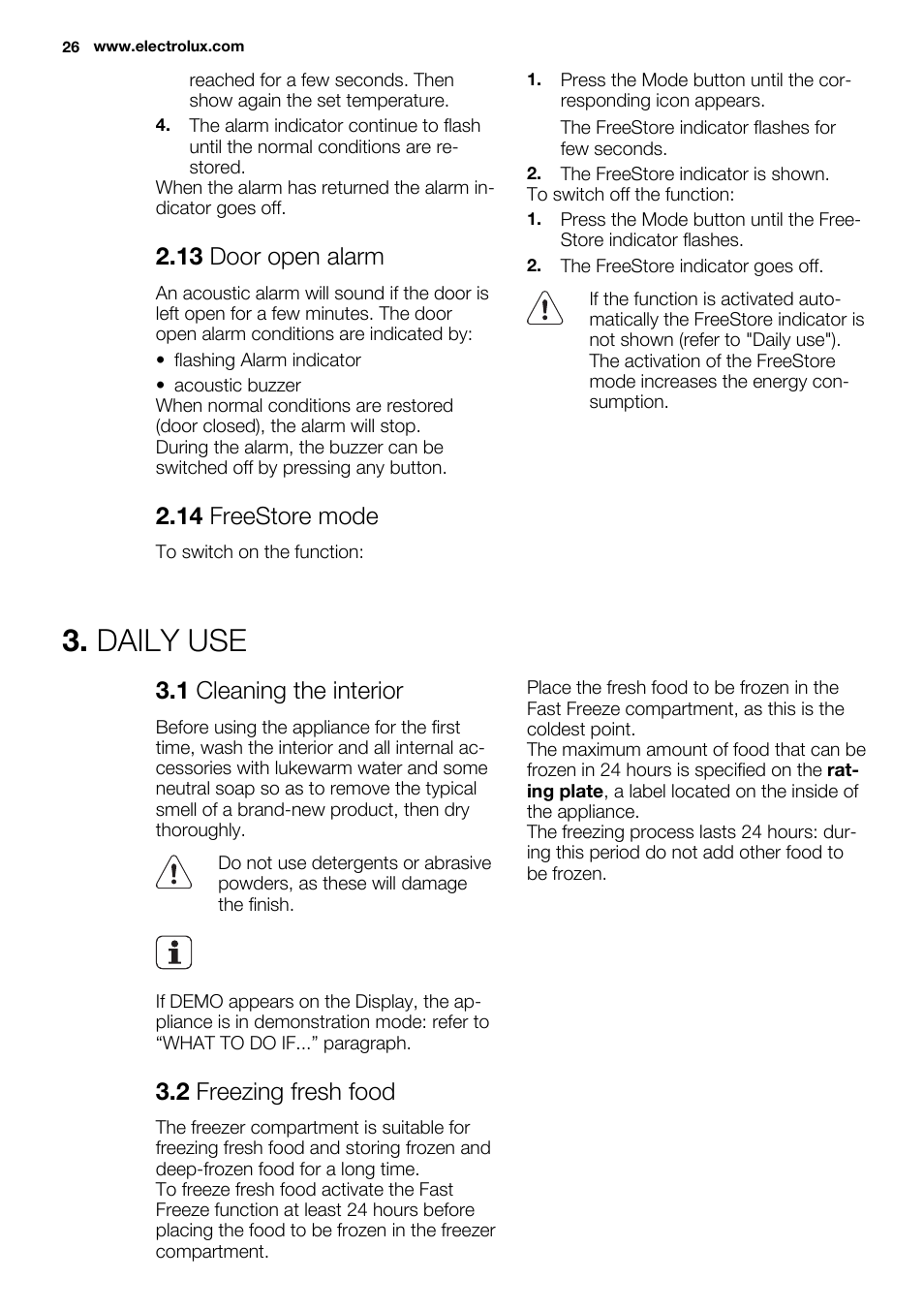 Daily use, 13 door open alarm, 14 freestore mode | 1 cleaning the interior, 2 freezing fresh food | Electrolux ENG2917AOW User Manual | Page 26 / 92