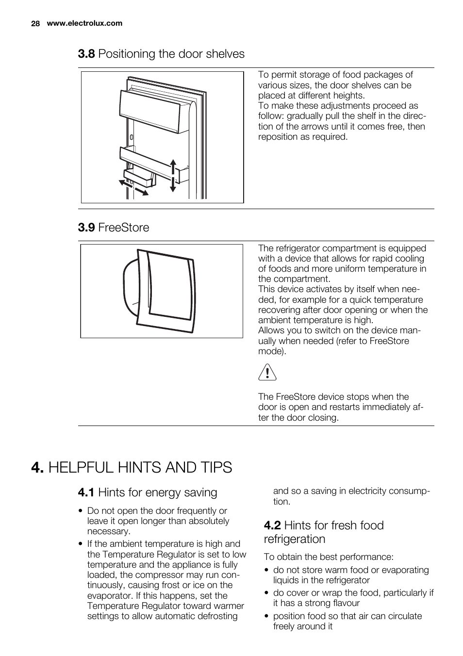 Helpful hints and tips, 8 positioning the door shelves, 9 freestore | 1 hints for energy saving, 2 hints for fresh food refrigeration | Electrolux ENG2917AOW User Manual | Page 28 / 92