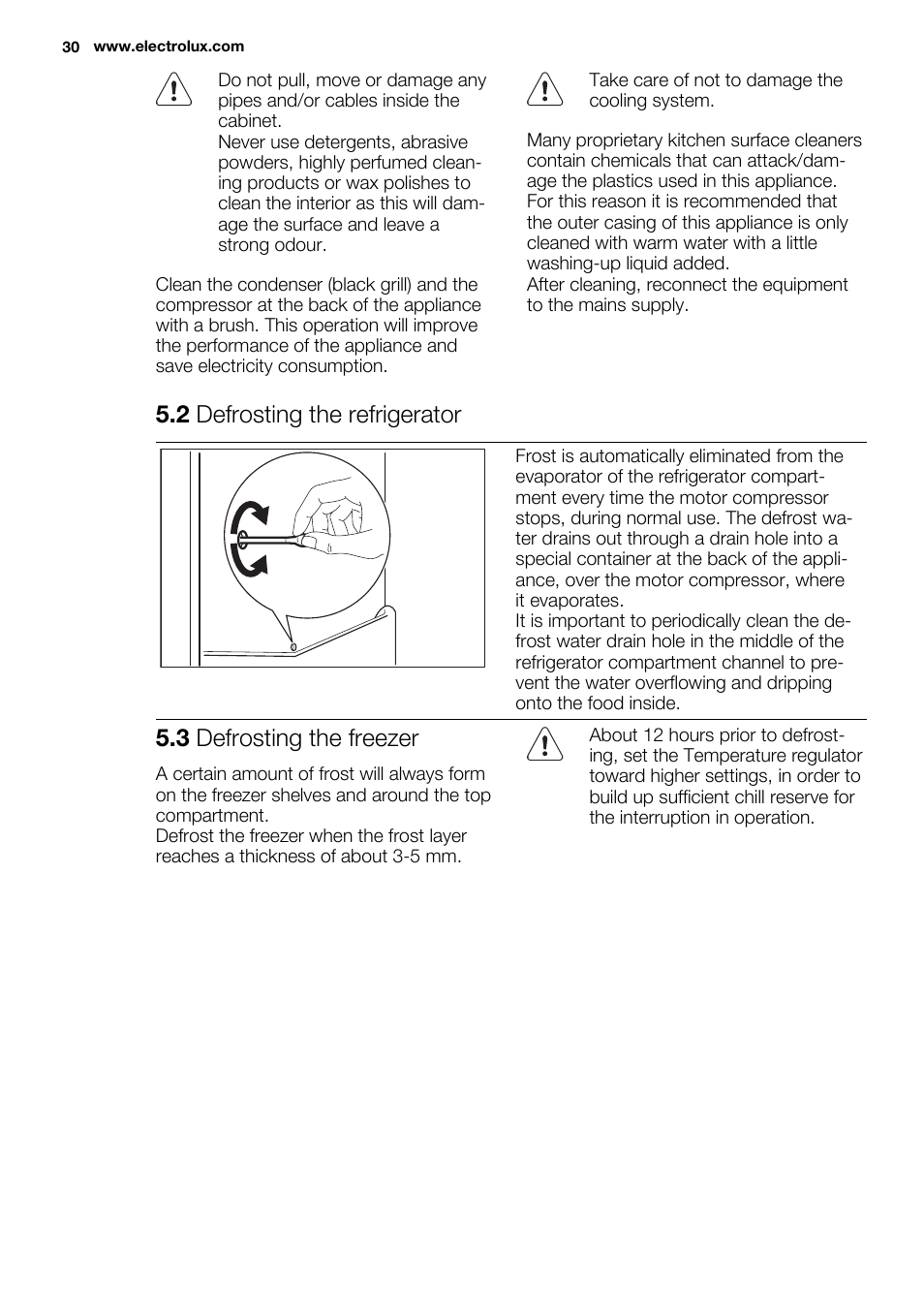 2 defrosting the refrigerator, 3 defrosting the freezer | Electrolux ENG2917AOW User Manual | Page 30 / 92