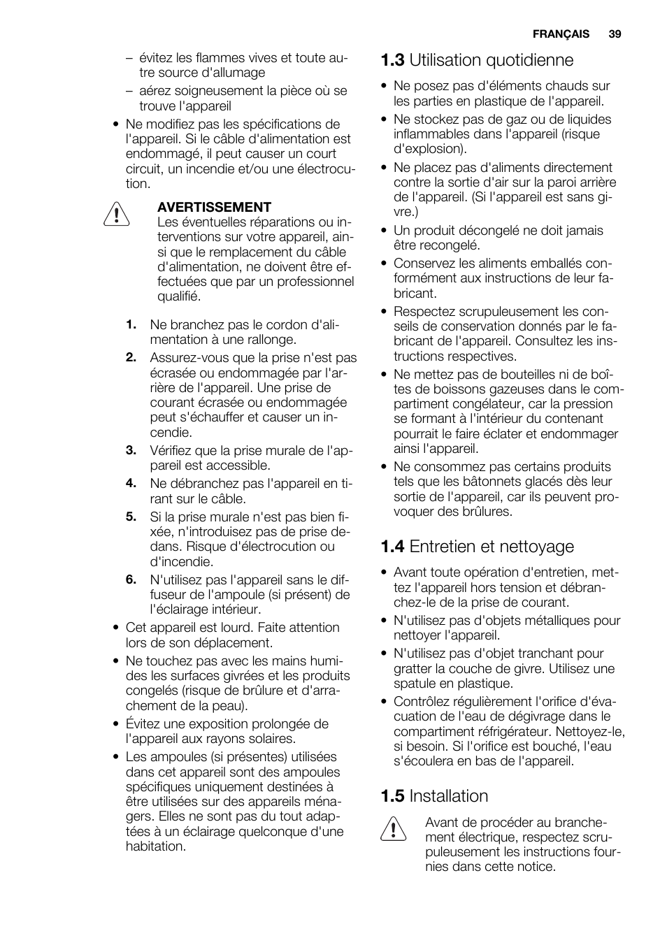 3 utilisation quotidienne, 4 entretien et nettoyage, 5 installation | Electrolux ENG2917AOW User Manual | Page 39 / 92