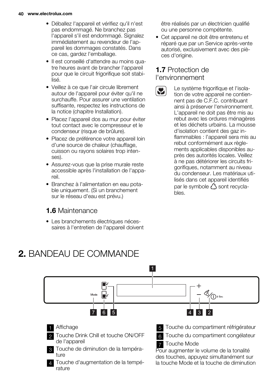 Bandeau de commande, 6 maintenance, 7 protection de l'environnement | Electrolux ENG2917AOW User Manual | Page 40 / 92