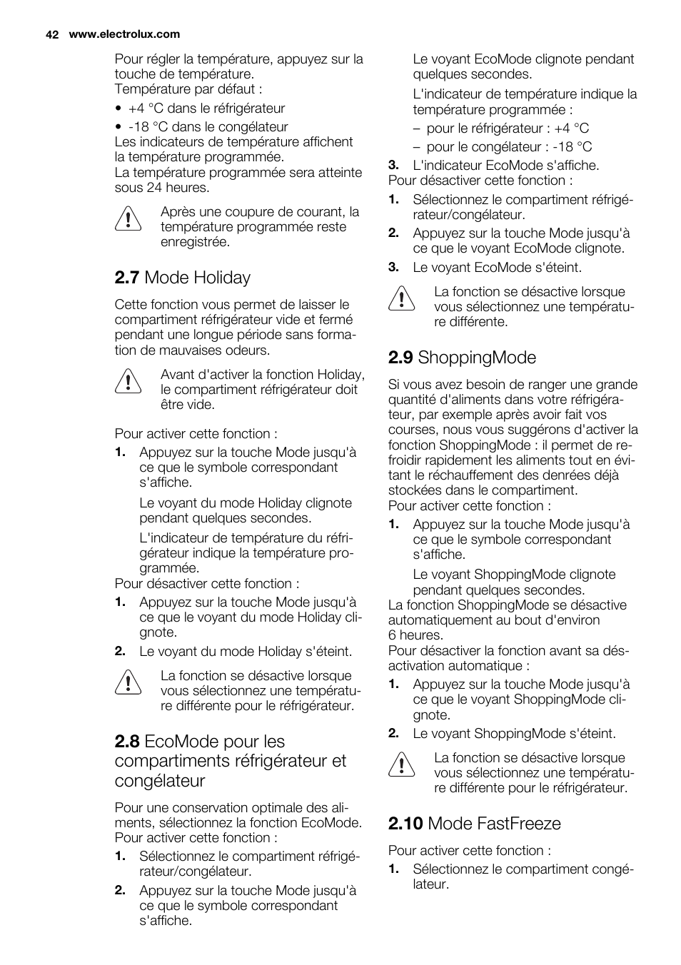 7 mode holiday, 9 shoppingmode, 10 mode fastfreeze | Electrolux ENG2917AOW User Manual | Page 42 / 92