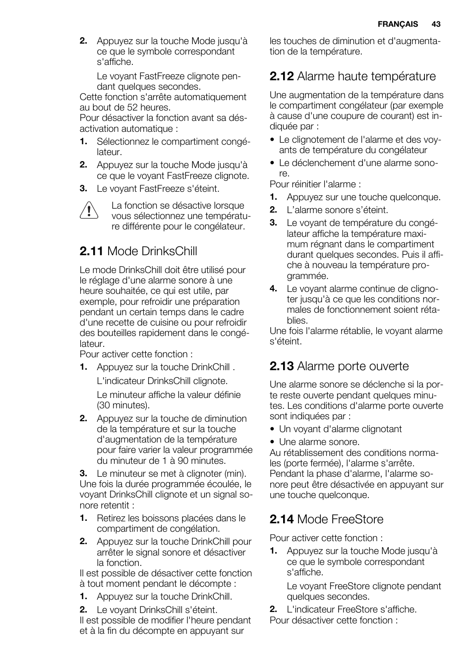 11 mode drinkschill, 12 alarme haute température, 13 alarme porte ouverte | 14 mode freestore | Electrolux ENG2917AOW User Manual | Page 43 / 92