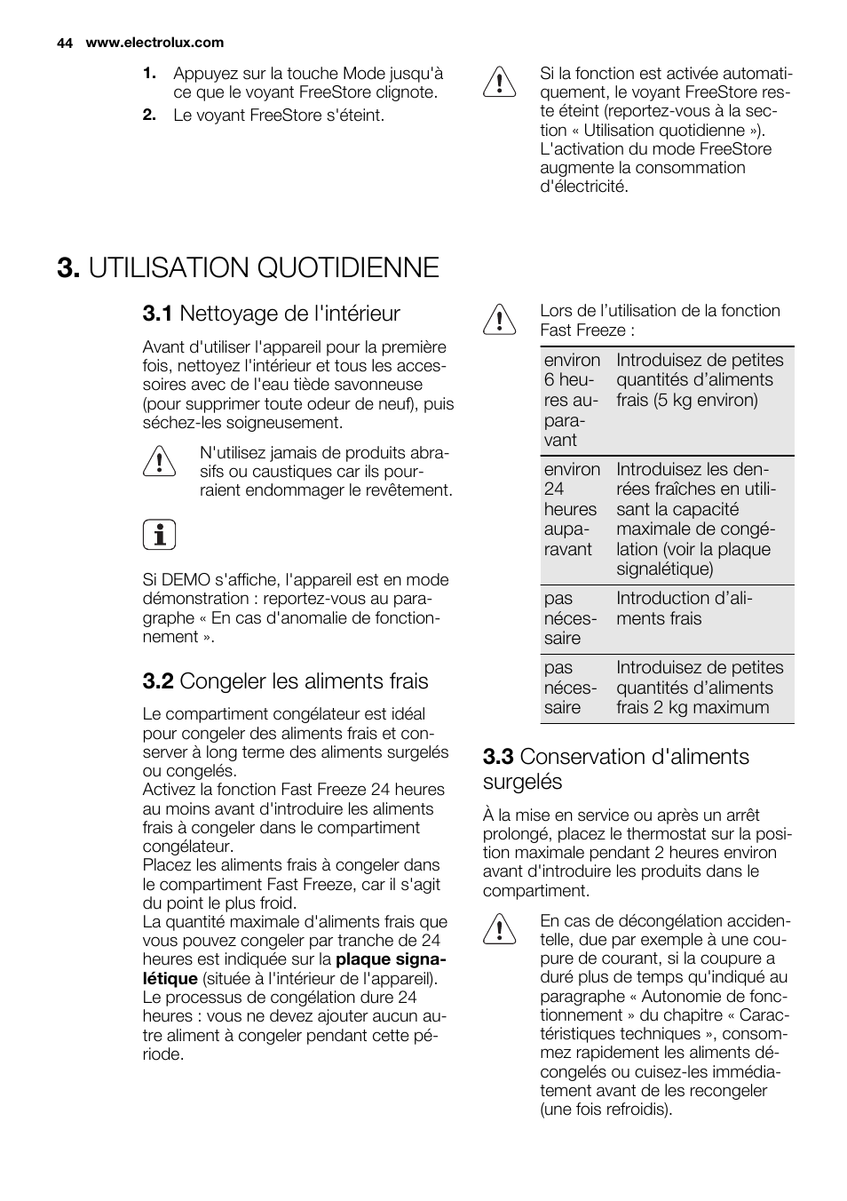 Utilisation quotidienne, 1 nettoyage de l'intérieur, 2 congeler les aliments frais | 3 conservation d'aliments surgelés | Electrolux ENG2917AOW User Manual | Page 44 / 92