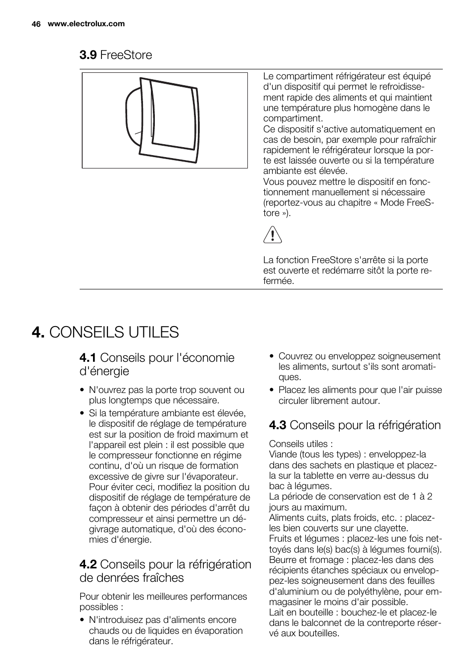 Conseils utiles, 9 freestore, 1 conseils pour l'économie d'énergie | 3 conseils pour la réfrigération | Electrolux ENG2917AOW User Manual | Page 46 / 92