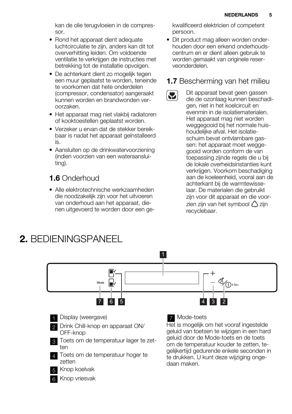 Bedieningspaneel, 6 onderhoud, 7 bescherming van het milieu | Electrolux ENG2917AOW User Manual | Page 5 / 92