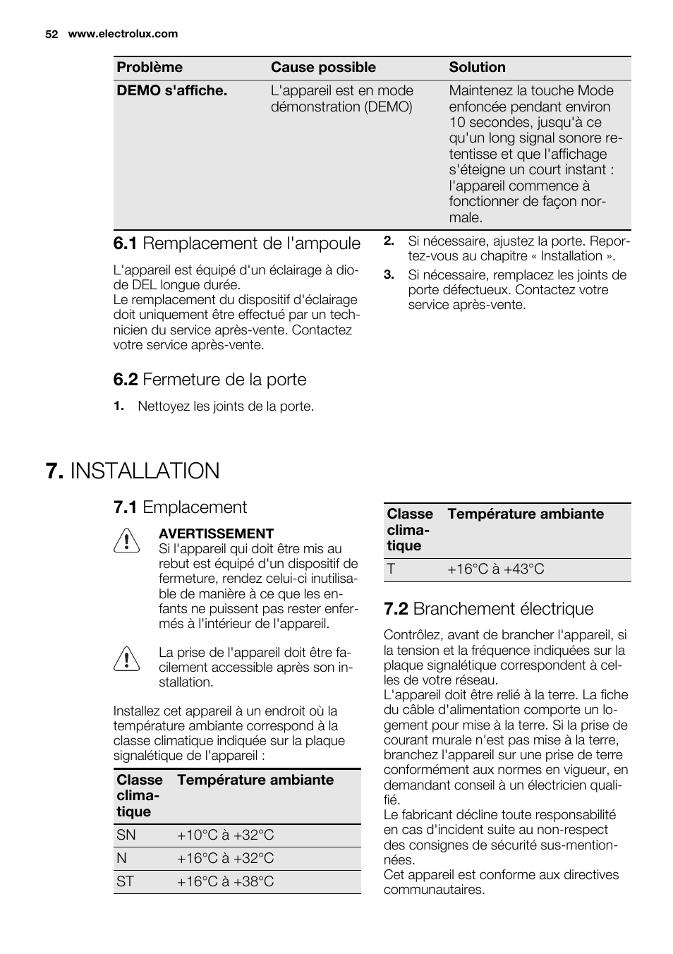 Installation, 1 remplacement de l'ampoule, 2 fermeture de la porte | 1 emplacement, 2 branchement électrique | Electrolux ENG2917AOW User Manual | Page 52 / 92