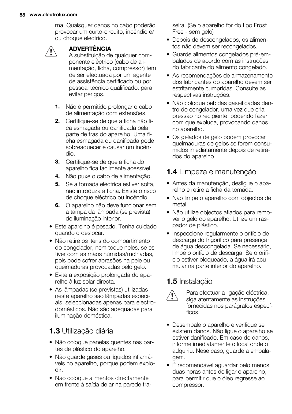 3 utilização diária, 4 limpeza e manutenção, 5 instalação | Electrolux ENG2917AOW User Manual | Page 58 / 92