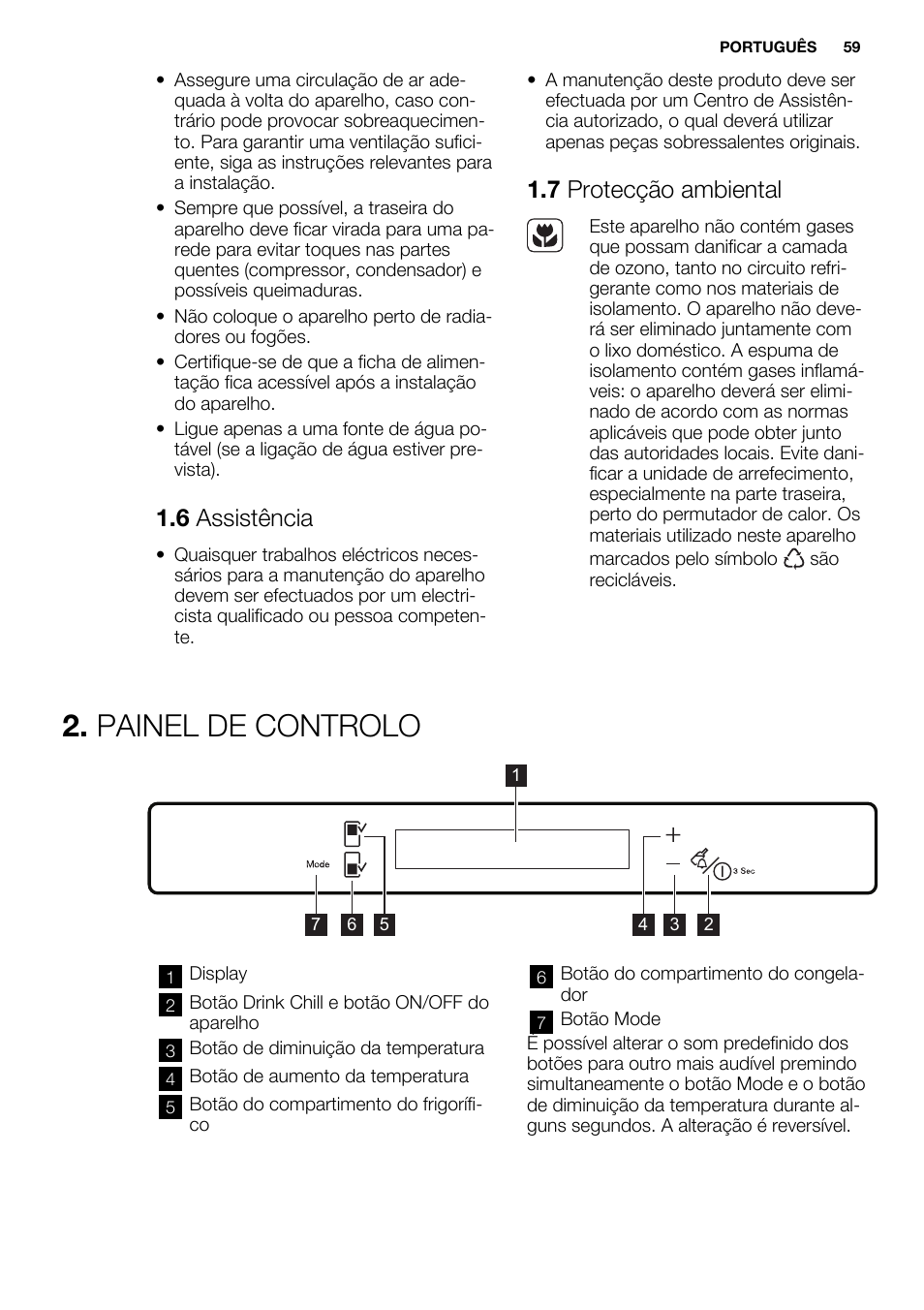 Painel de controlo, 6 assistência, 7 protecção ambiental | Electrolux ENG2917AOW User Manual | Page 59 / 92
