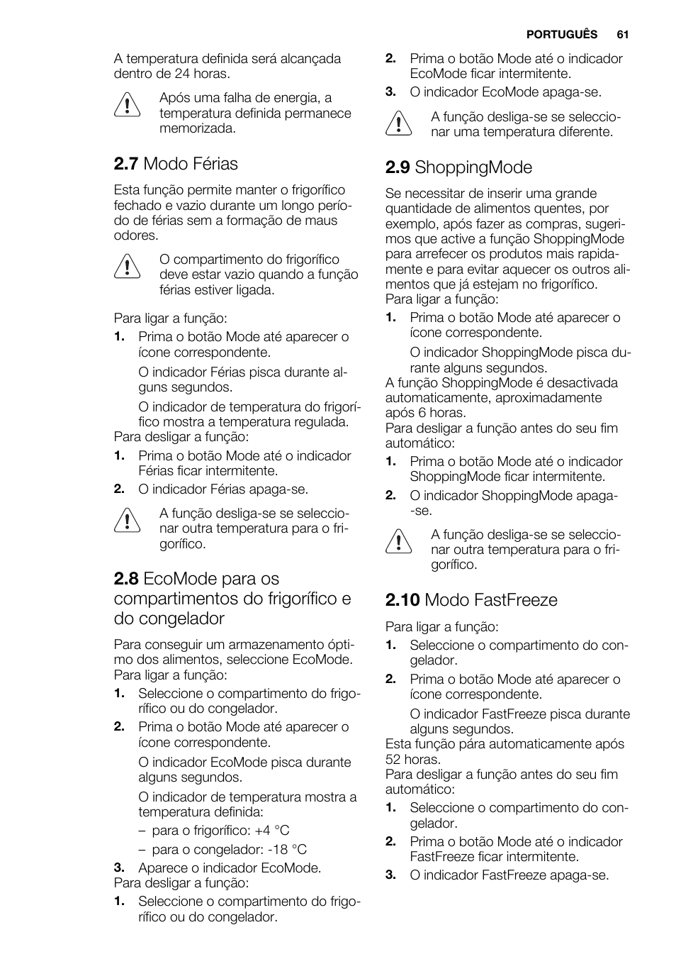 7 modo férias, 9 shoppingmode, 10 modo fastfreeze | Electrolux ENG2917AOW User Manual | Page 61 / 92