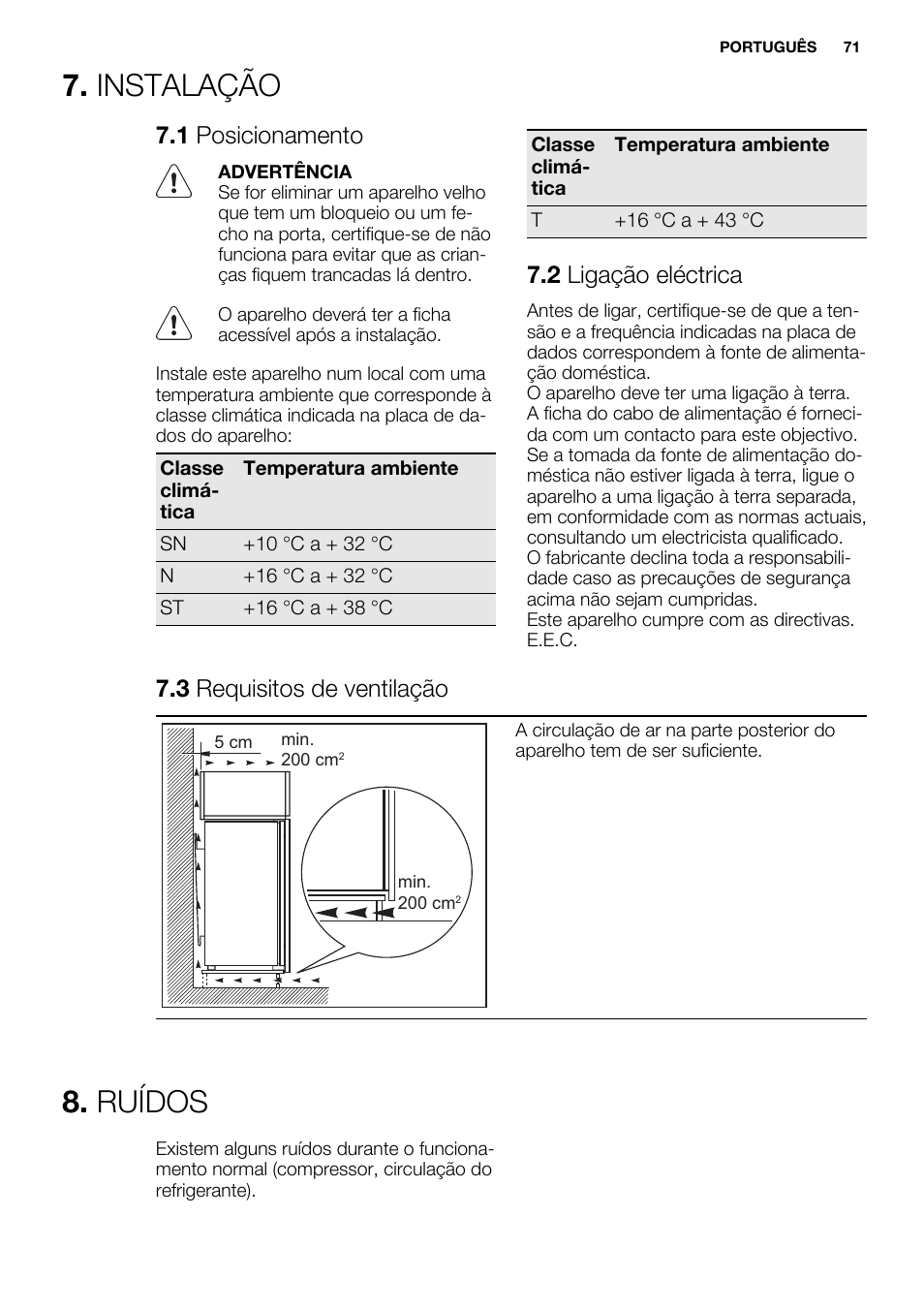 Instalação, Ruídos, 1 posicionamento | 2 ligação eléctrica, 3 requisitos de ventilação | Electrolux ENG2917AOW User Manual | Page 71 / 92