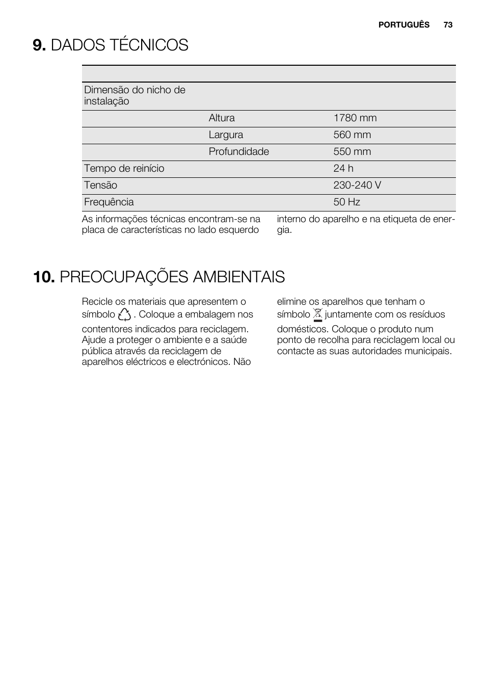 Dados técnicos, Preocupações ambientais | Electrolux ENG2917AOW User Manual | Page 73 / 92