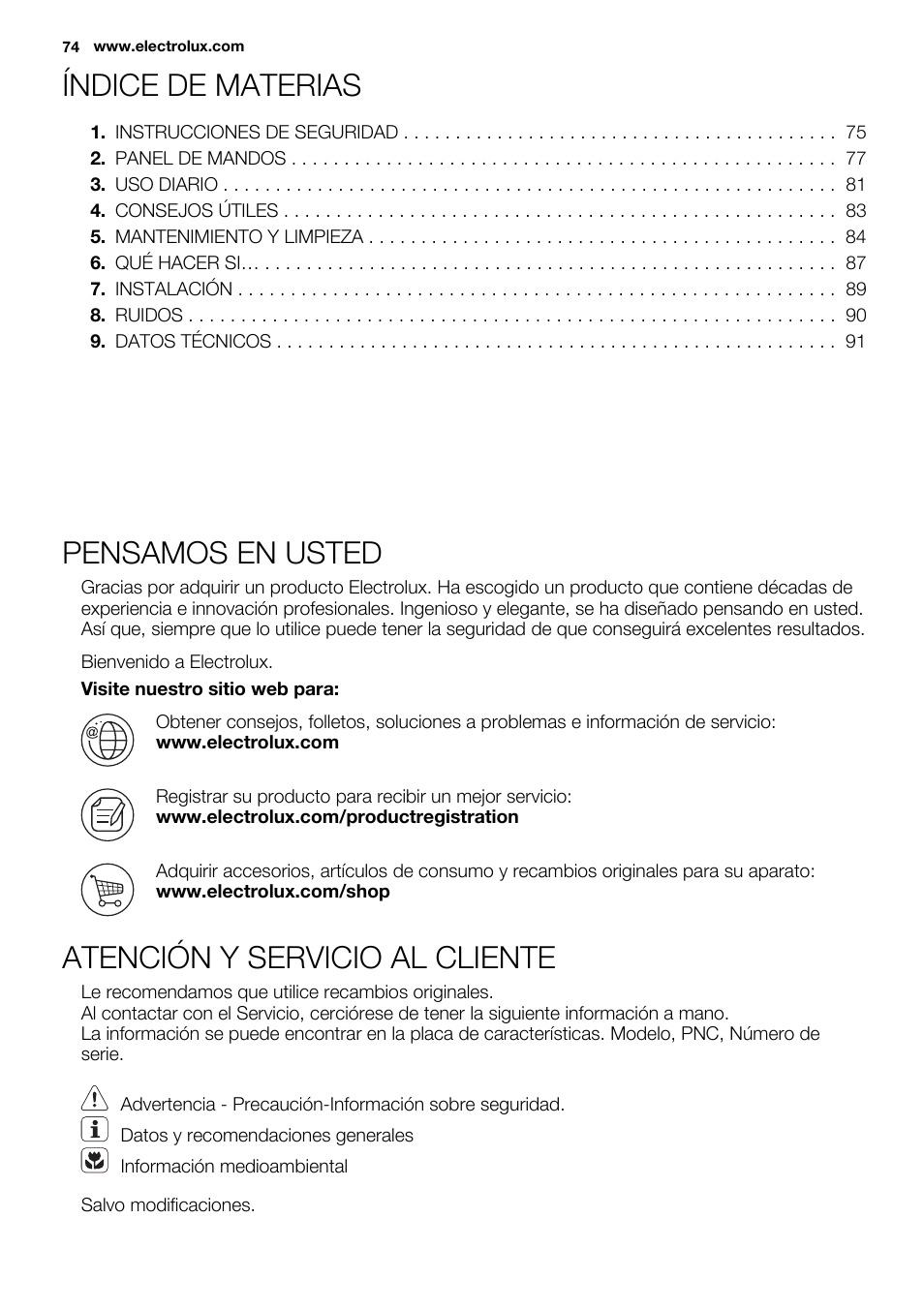 Índice de materias, Pensamos en usted, Atención y servicio al cliente | Electrolux ENG2917AOW User Manual | Page 74 / 92