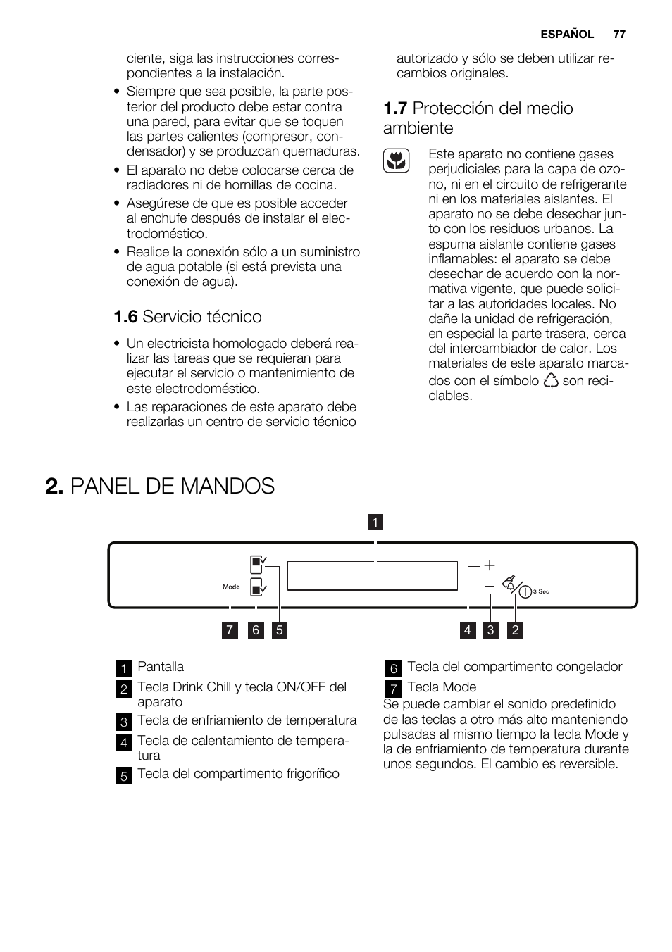 Panel de mandos, 6 servicio técnico, 7 protección del medio ambiente | Electrolux ENG2917AOW User Manual | Page 77 / 92