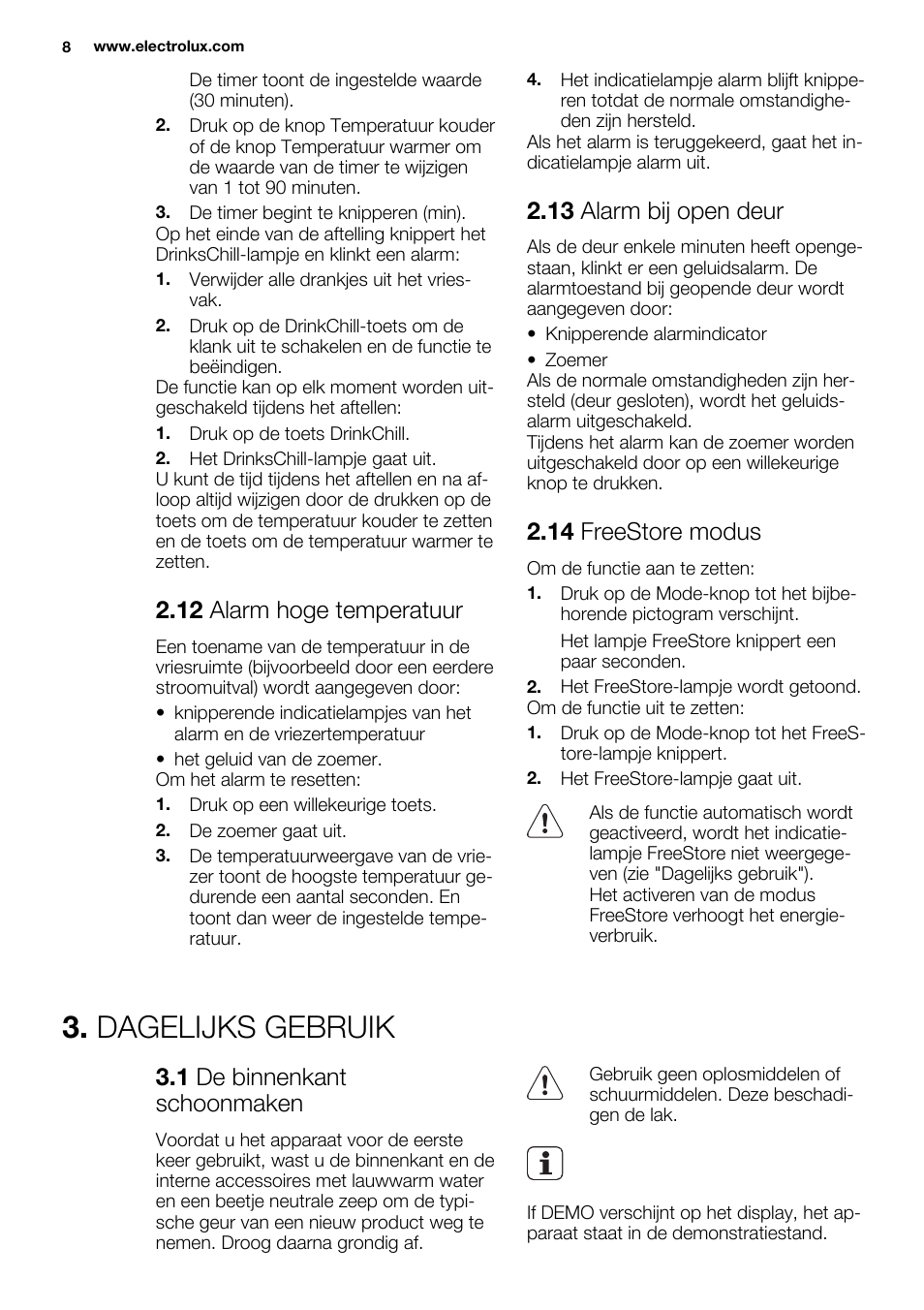 Dagelijks gebruik, 12 alarm hoge temperatuur, 13 alarm bij open deur | 14 freestore modus, 1 de binnenkant schoonmaken | Electrolux ENG2917AOW User Manual | Page 8 / 92