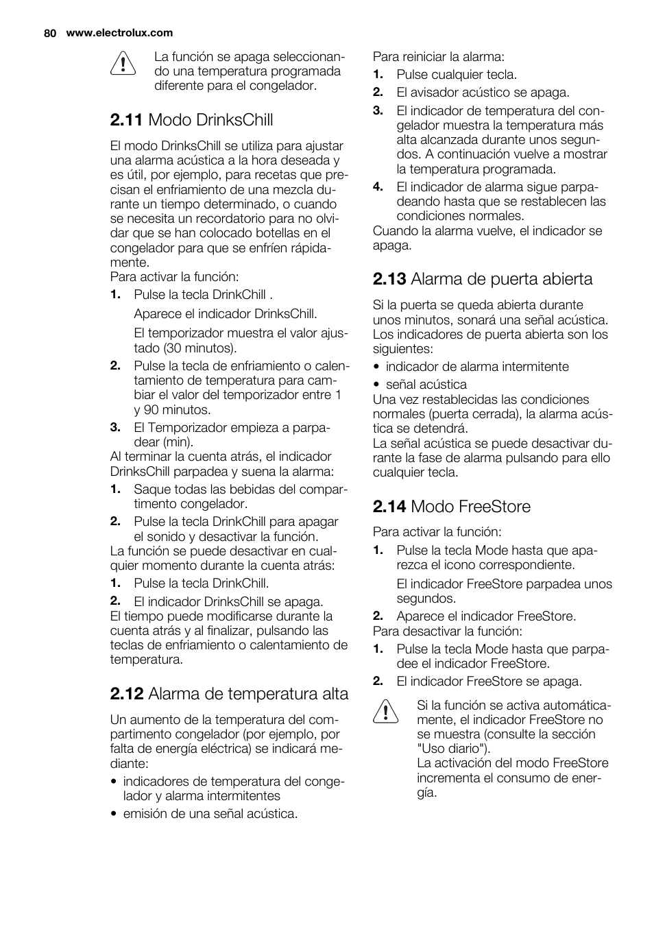 11 modo drinkschill, 12 alarma de temperatura alta, 13 alarma de puerta abierta | 14 modo freestore | Electrolux ENG2917AOW User Manual | Page 80 / 92