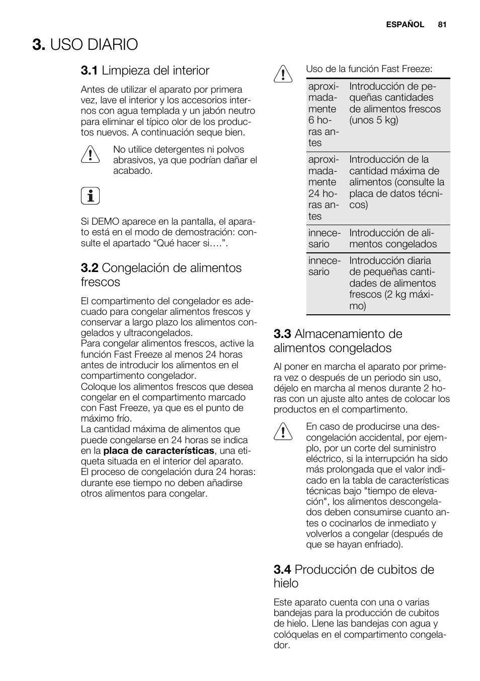 Uso diario, 1 limpieza del interior, 2 congelación de alimentos frescos | 3 almacenamiento de alimentos congelados, 4 producción de cubitos de hielo | Electrolux ENG2917AOW User Manual | Page 81 / 92