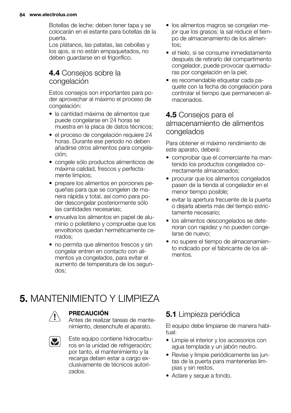 Mantenimiento y limpieza, 4 consejos sobre la congelación, 1 limpieza periódica | Electrolux ENG2917AOW User Manual | Page 84 / 92