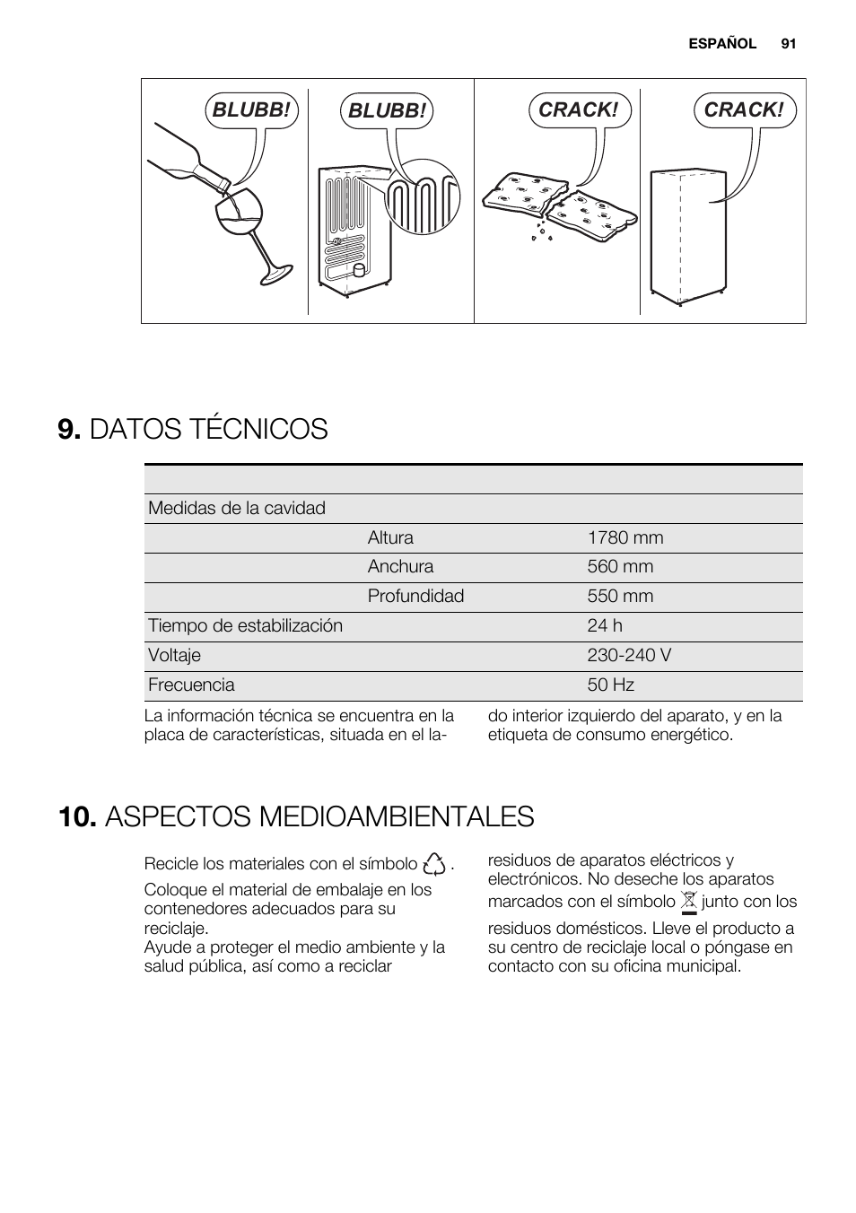 Datos técnicos, Aspectos medioambientales | Electrolux ENG2917AOW User Manual | Page 91 / 92