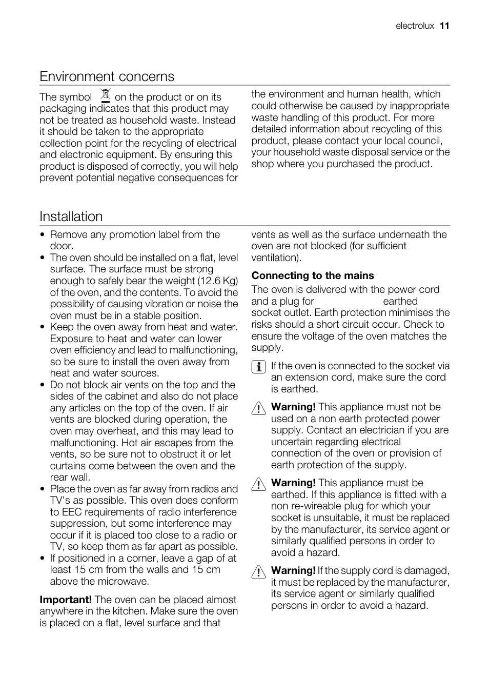 Environment concerns, Installation | Electrolux EMS20300OX User Manual | Page 11 / 88