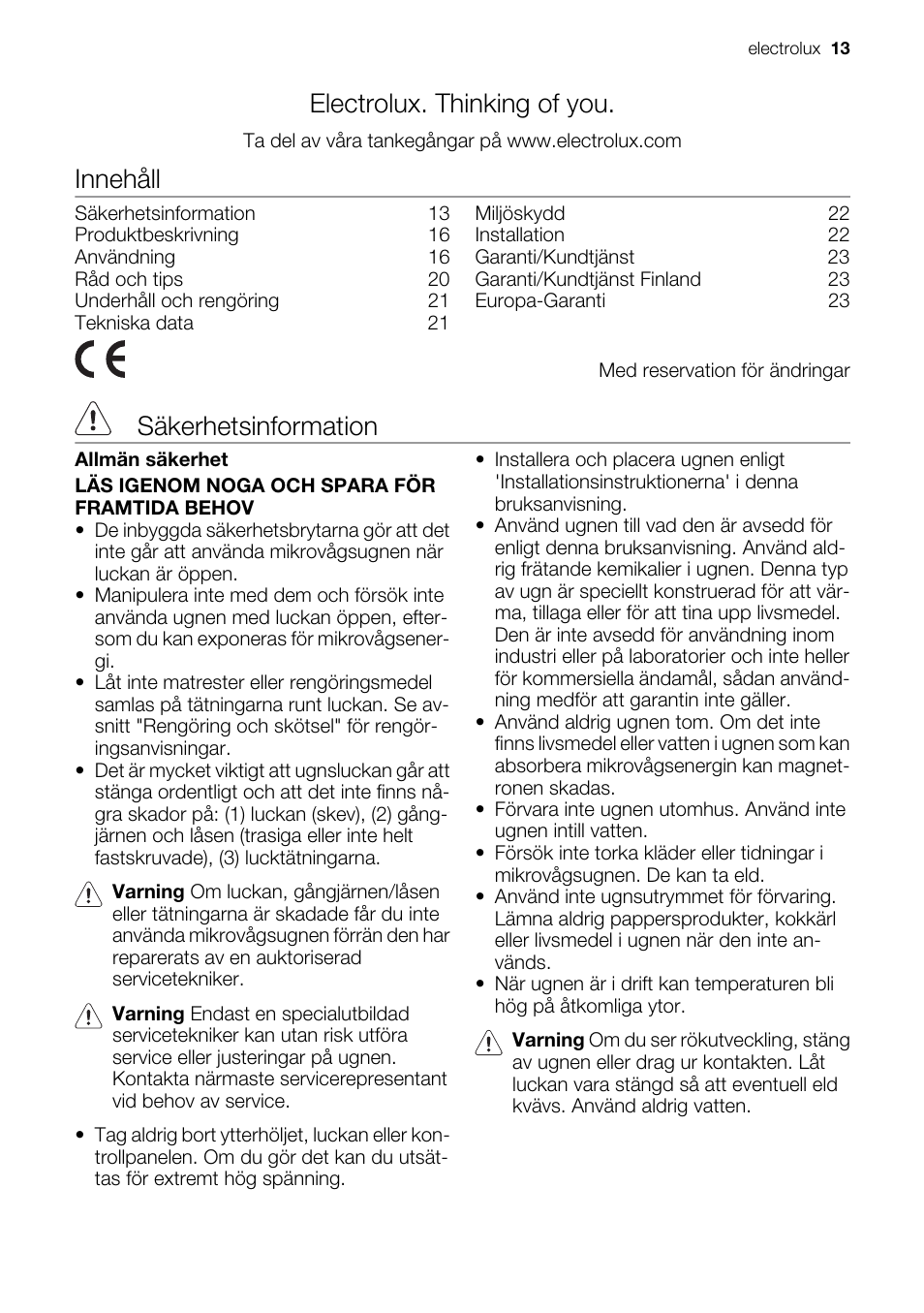 Electrolux. thinking of you, Innehåll, Säkerhetsinformation | Electrolux EMS20300OX User Manual | Page 13 / 88