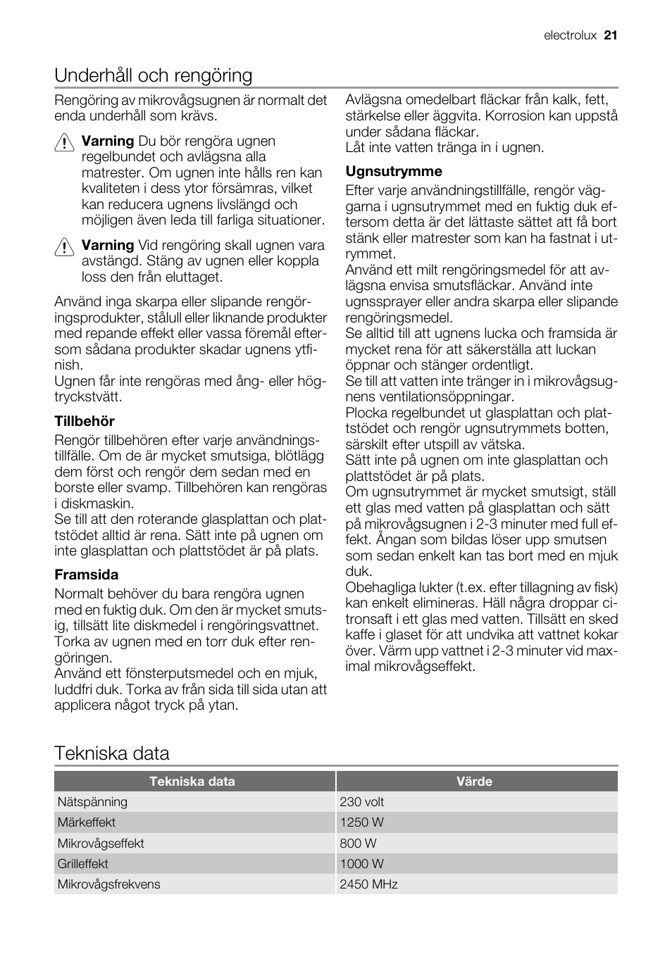 Underhåll och rengöring, Tekniska data | Electrolux EMS20300OX User Manual | Page 21 / 88