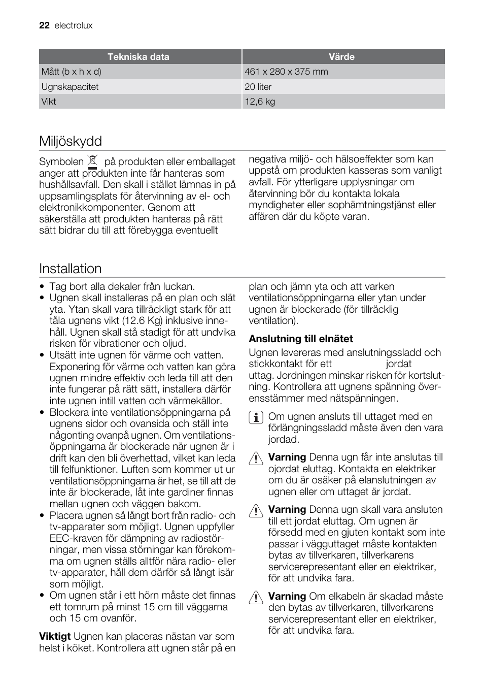 Miljöskydd, Installation | Electrolux EMS20300OX User Manual | Page 22 / 88