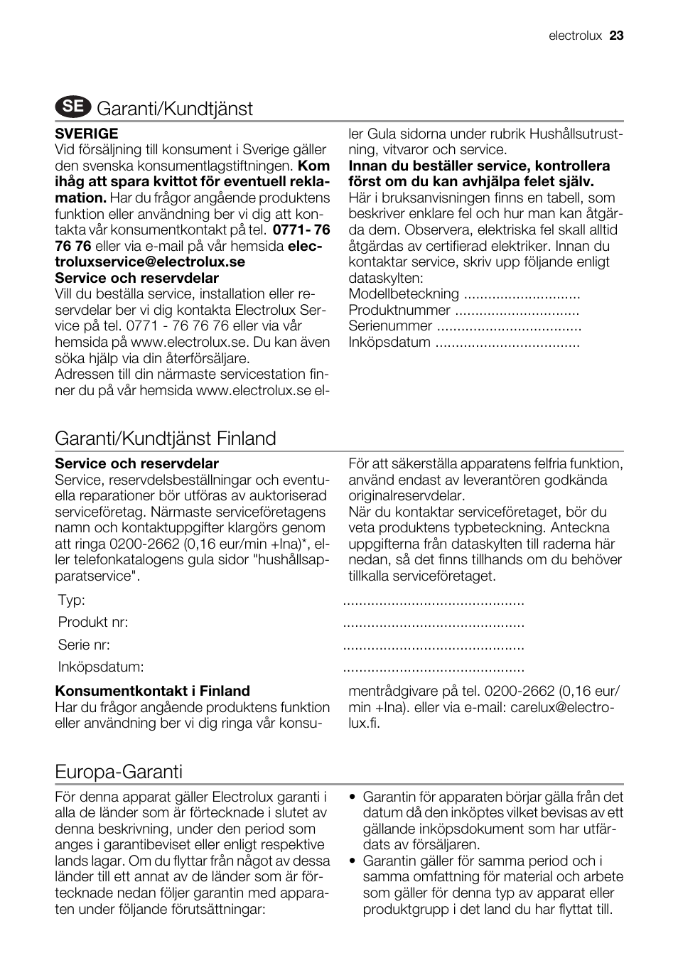 Garanti/kundtjänst, Garanti/kundtjänst finland, Europa-garanti | Electrolux EMS20300OX User Manual | Page 23 / 88