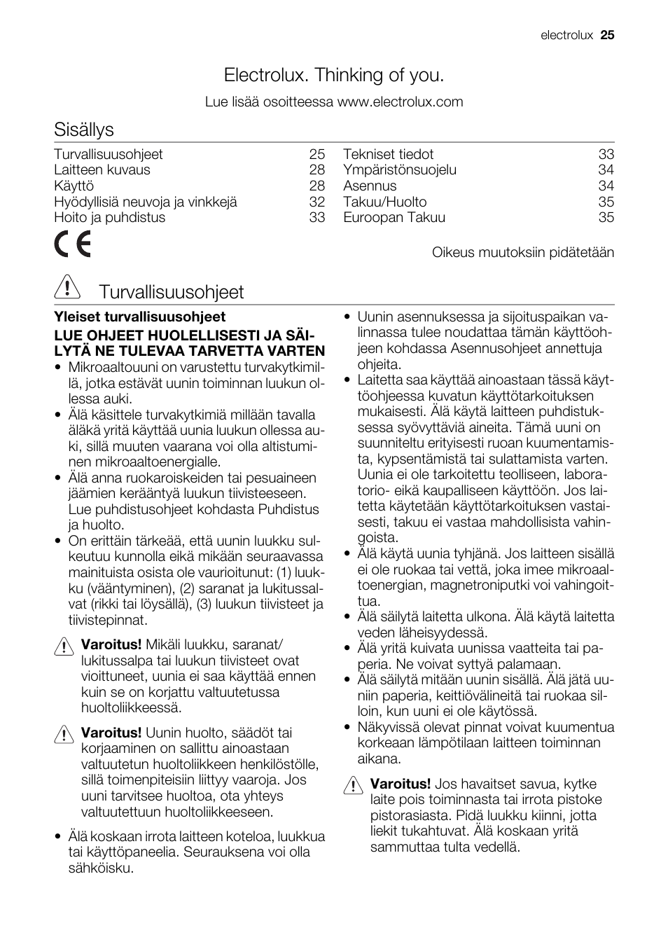 Electrolux. thinking of you, Sisällys, Turvallisuusohjeet | Electrolux EMS20300OX User Manual | Page 25 / 88