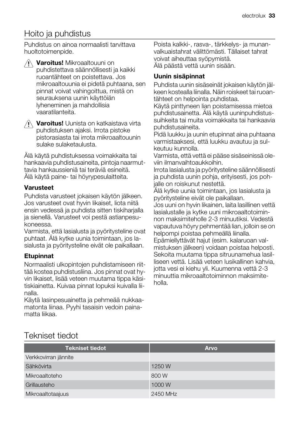 Hoito ja puhdistus, Tekniset tiedot | Electrolux EMS20300OX User Manual | Page 33 / 88
