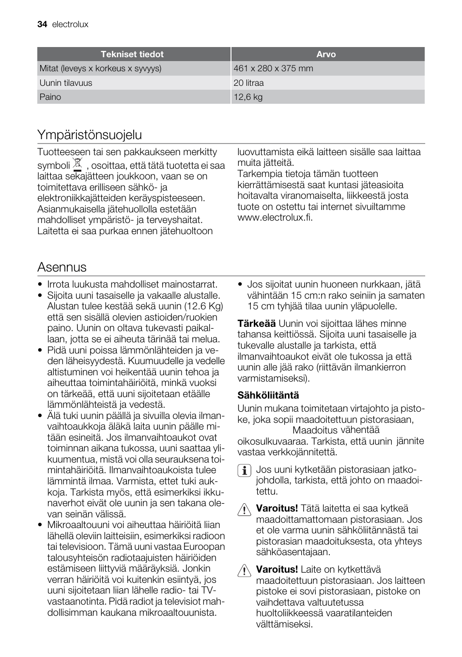 Ympäristönsuojelu, Asennus | Electrolux EMS20300OX User Manual | Page 34 / 88