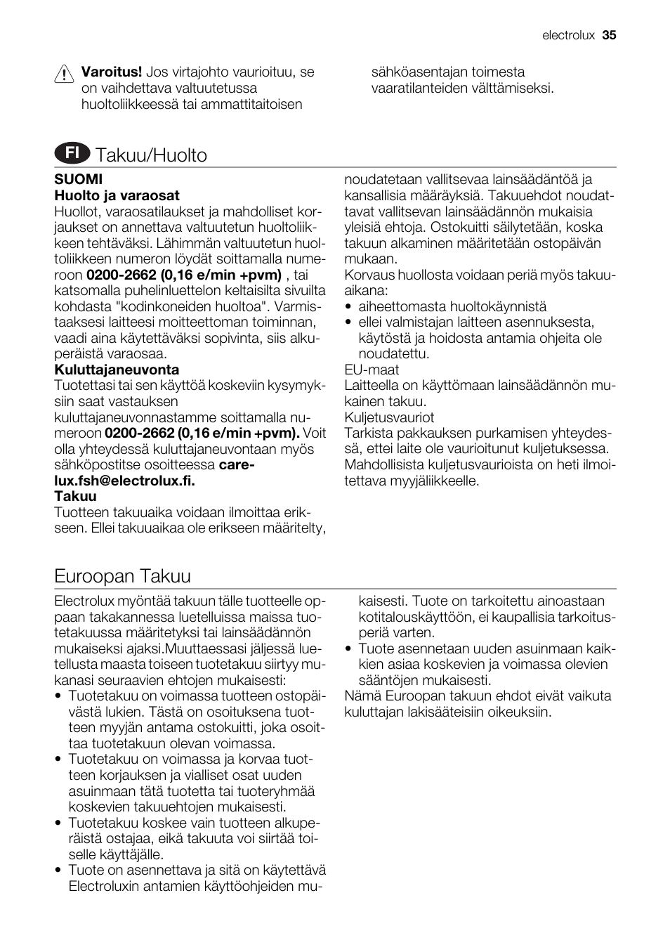 Takuu/huolto, Euroopan takuu | Electrolux EMS20300OX User Manual | Page 35 / 88