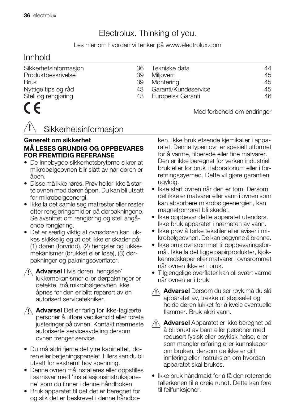 Electrolux. thinking of you, Innhold, Sikkerhetsinformasjon | Electrolux EMS20300OX User Manual | Page 36 / 88