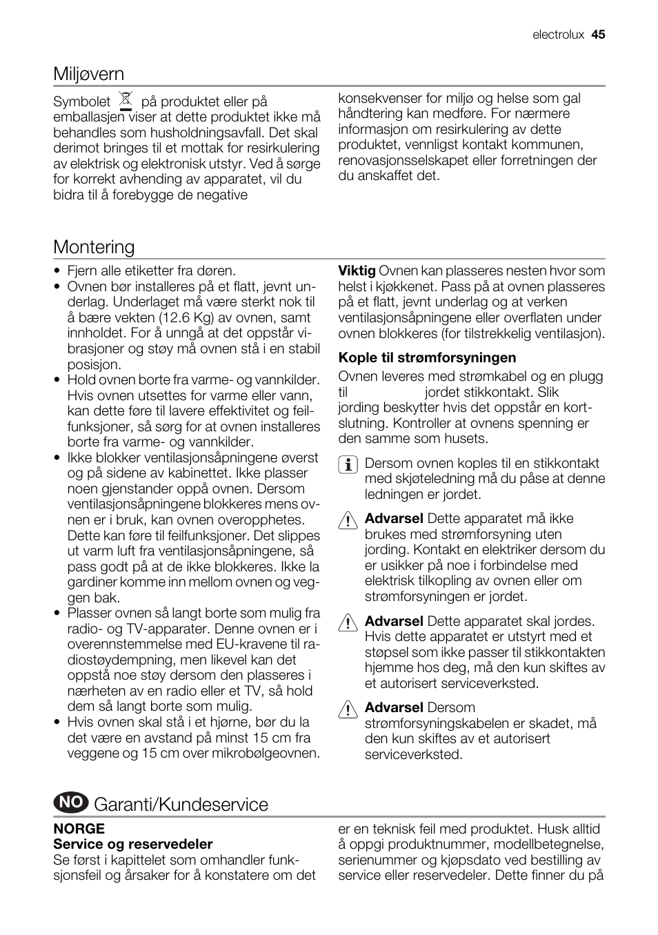 Miljøvern, Montering, Garanti/kundeservice | Electrolux EMS20300OX User Manual | Page 45 / 88