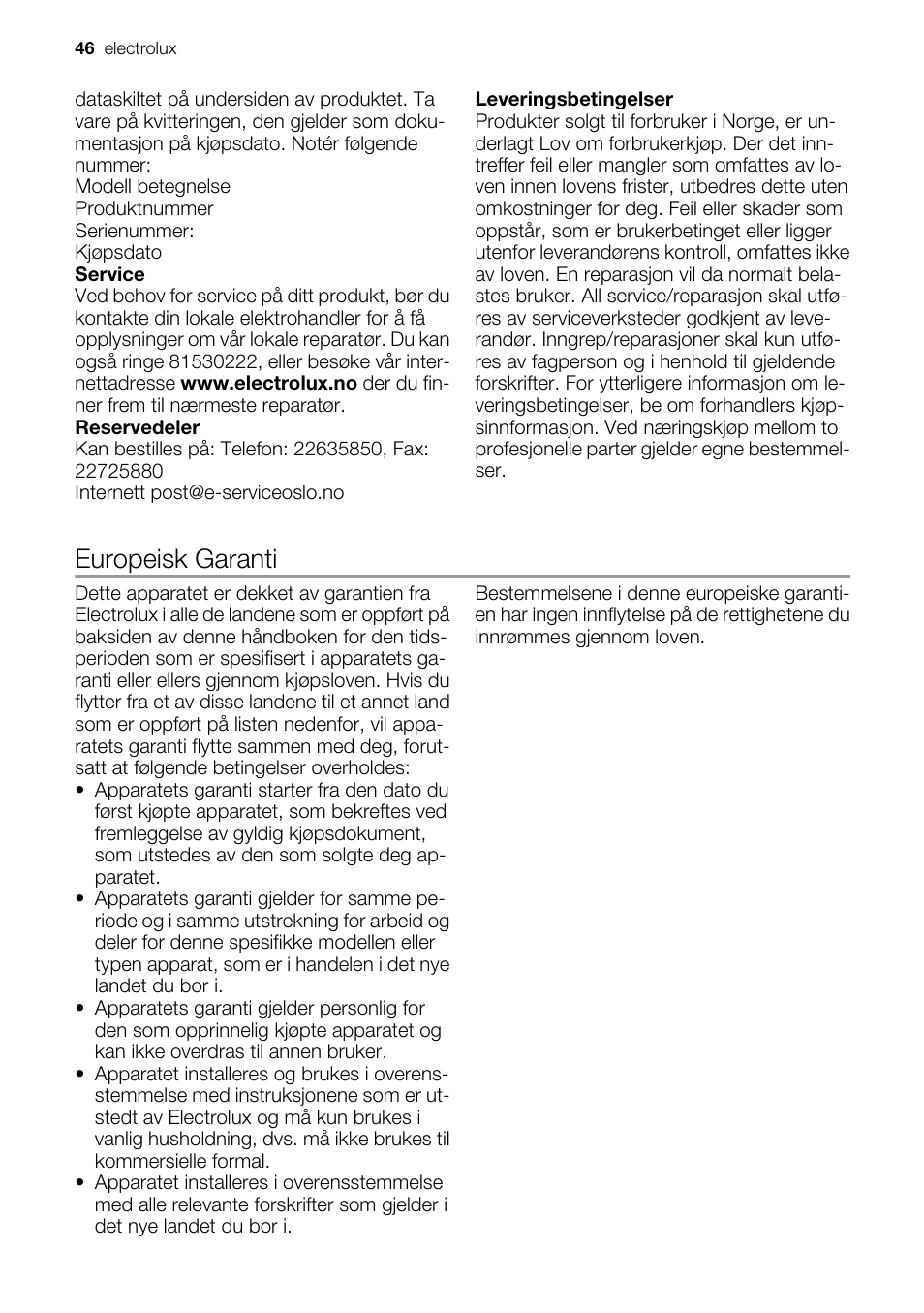 Europeisk garanti | Electrolux EMS20300OX User Manual | Page 46 / 88