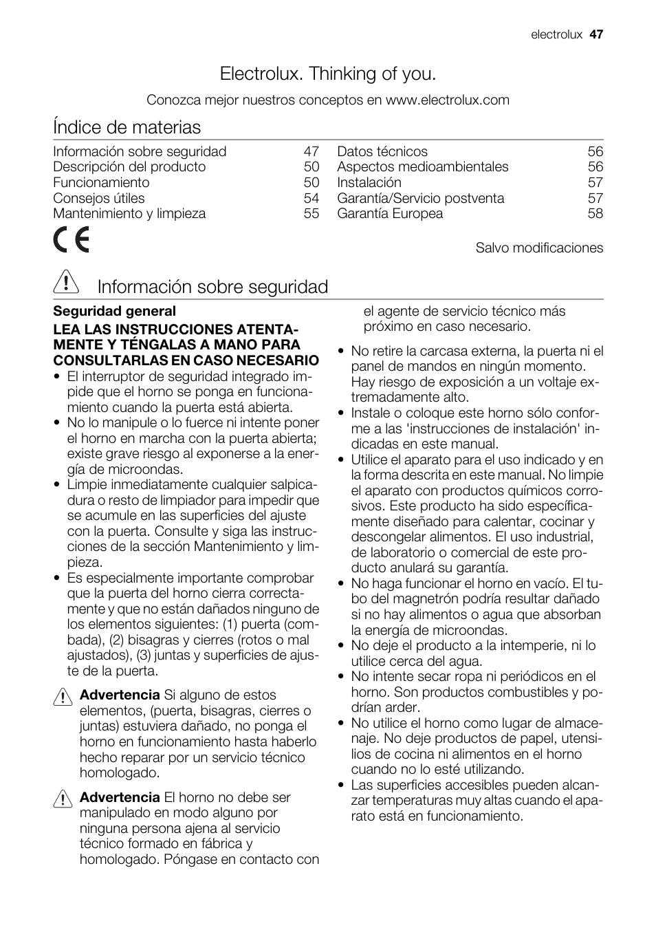 Electrolux. thinking of you, Índice de materias, Información sobre seguridad | Electrolux EMS20300OX User Manual | Page 47 / 88