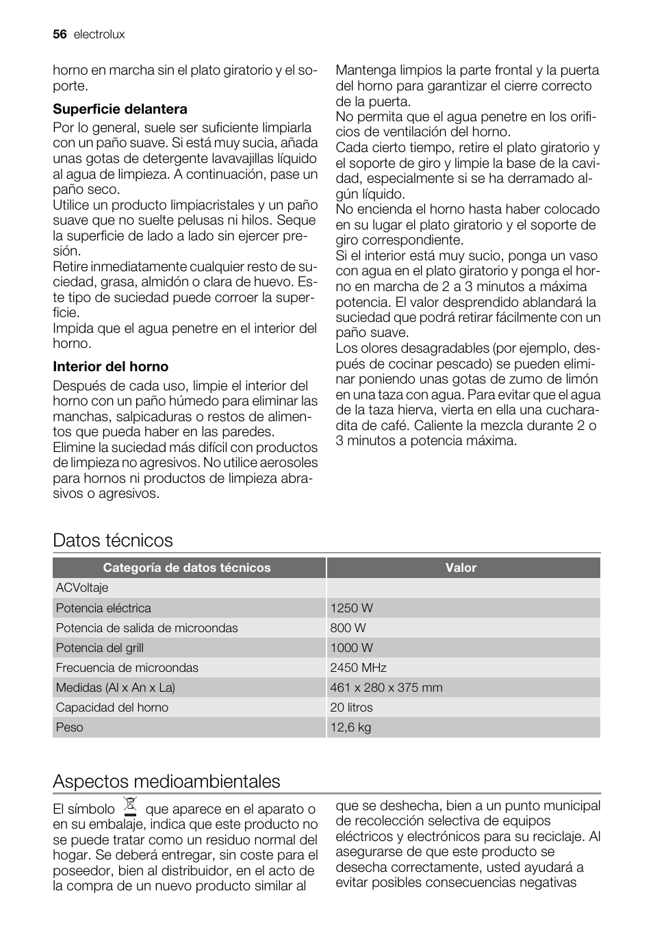 Datos técnicos, Aspectos medioambientales | Electrolux EMS20300OX User Manual | Page 56 / 88