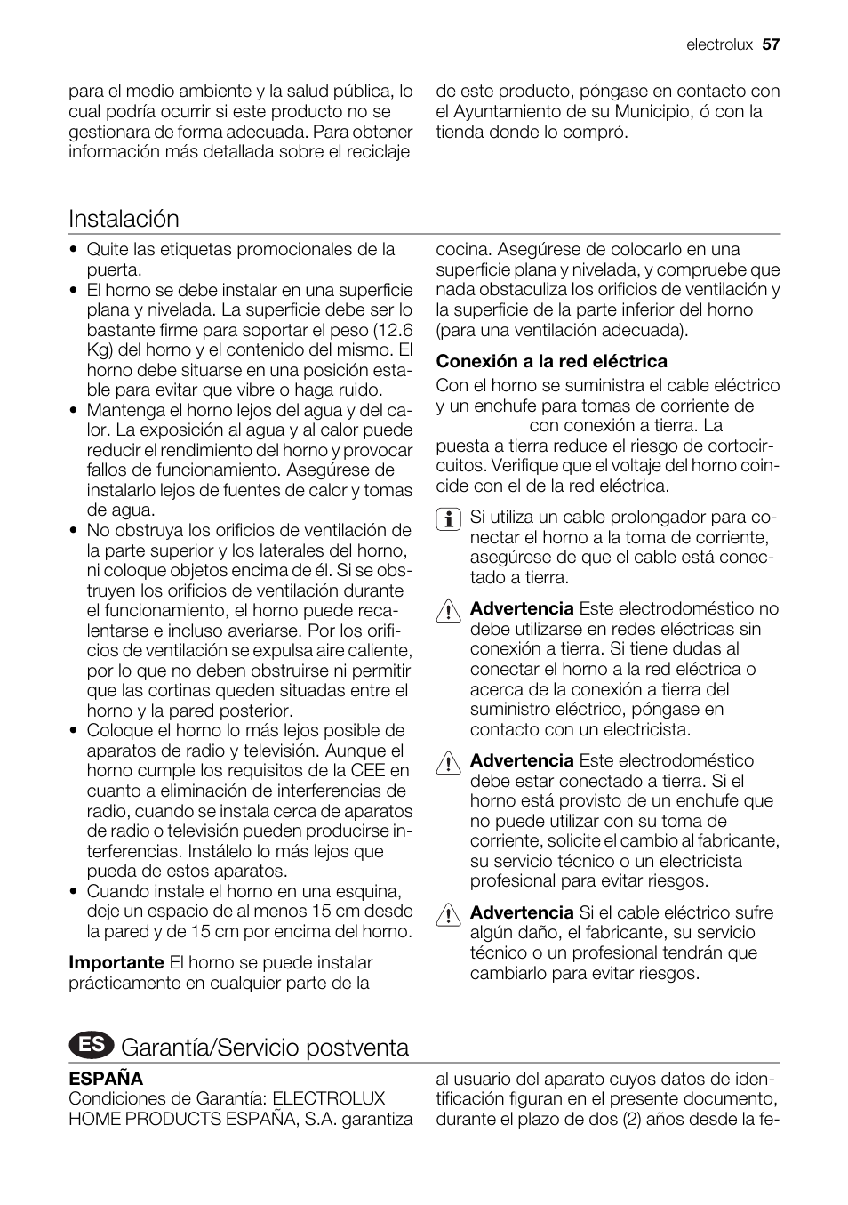Instalación, Garantía/servicio postventa | Electrolux EMS20300OX User Manual | Page 57 / 88