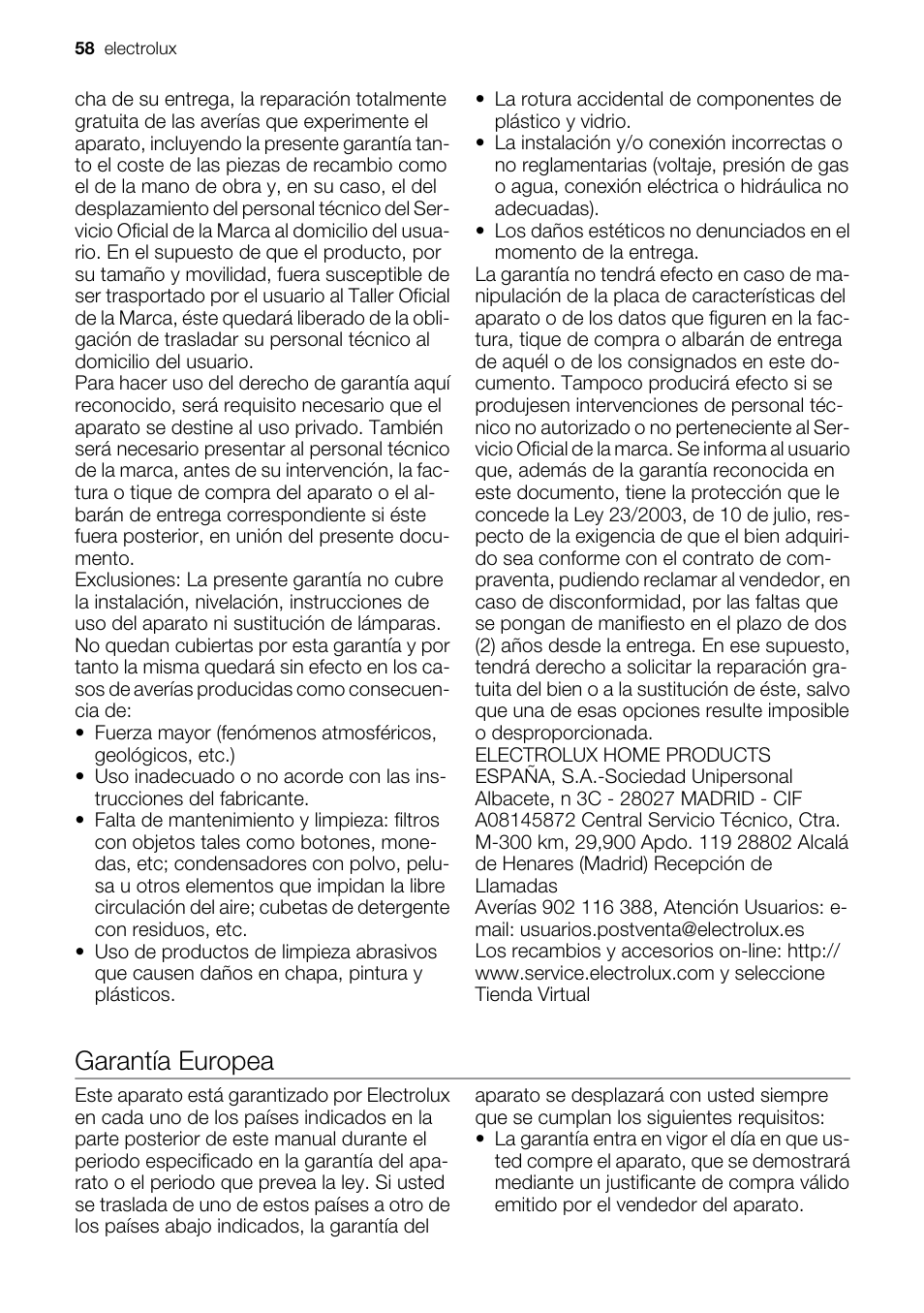 Garantía europea | Electrolux EMS20300OX User Manual | Page 58 / 88