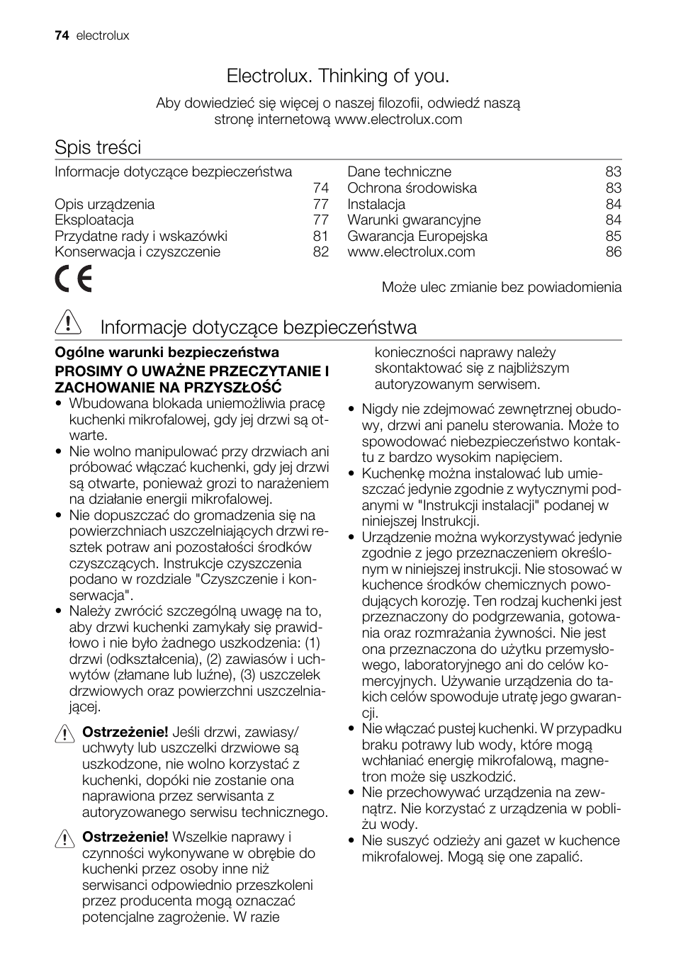 Electrolux. thinking of you, Spis tre ōci, Informacje dotycz ęce bezpieczeļstwa | Electrolux EMS20300OX User Manual | Page 74 / 88