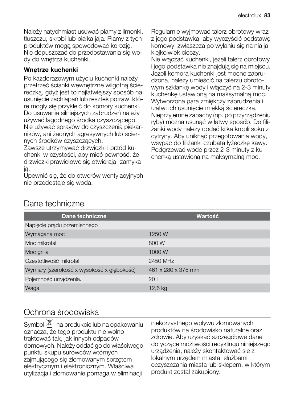 Dane techniczne, Ochrona ōrodowiska | Electrolux EMS20300OX User Manual | Page 83 / 88
