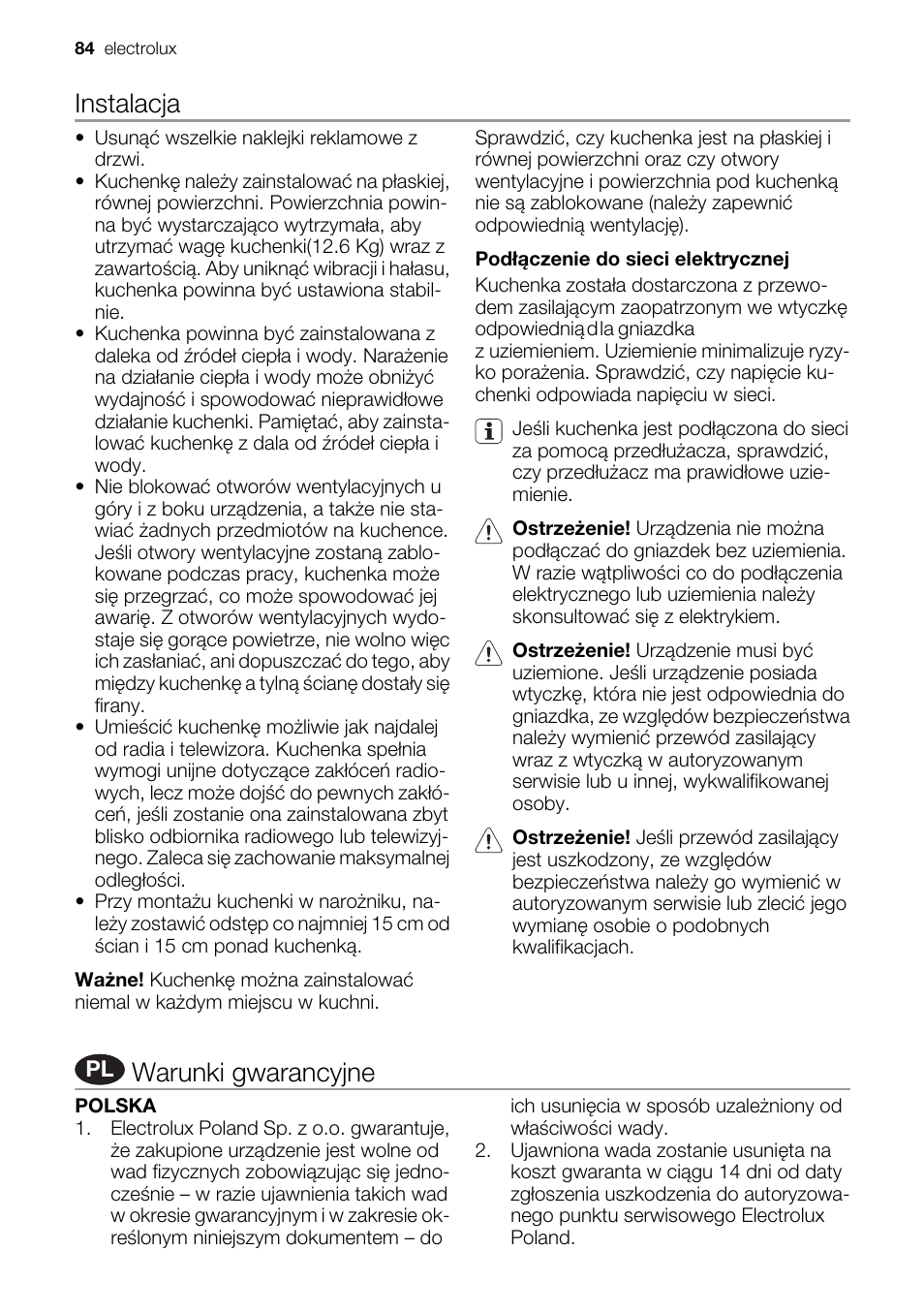 Instalacja, Warunki gwarancyjne | Electrolux EMS20300OX User Manual | Page 84 / 88