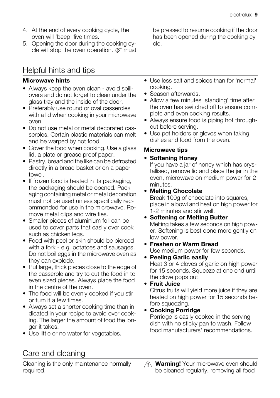 Helpful hints and tips, Care and cleaning | Electrolux EMS20300OX User Manual | Page 9 / 88