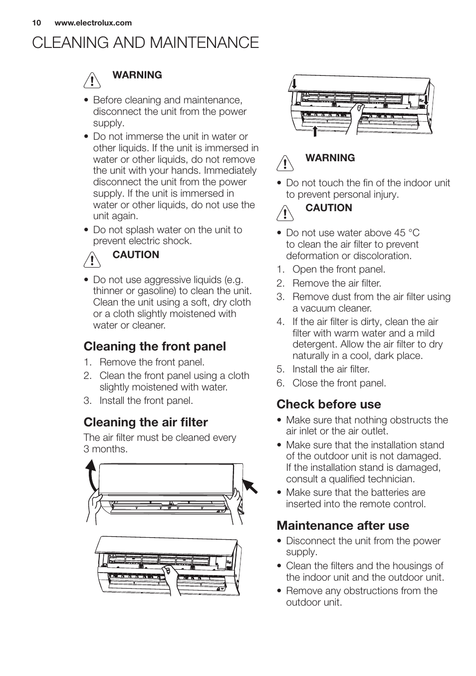 Cleaning and maintenance, Cleaning the front panel, Cleaning the air filter | Check before use, Maintenance after use | Electrolux EXH12HL1WE User Manual | Page 10 / 112