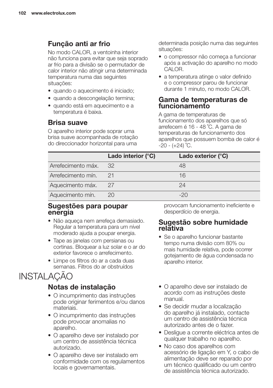 Instalação, Função anti ar frio, Brisa suave | Gama de temperaturas de funcionamento, Sugestões para poupar energia, Sugestão sobre humidade relativa, Notas de instalação | Electrolux EXH12HL1WE User Manual | Page 102 / 112