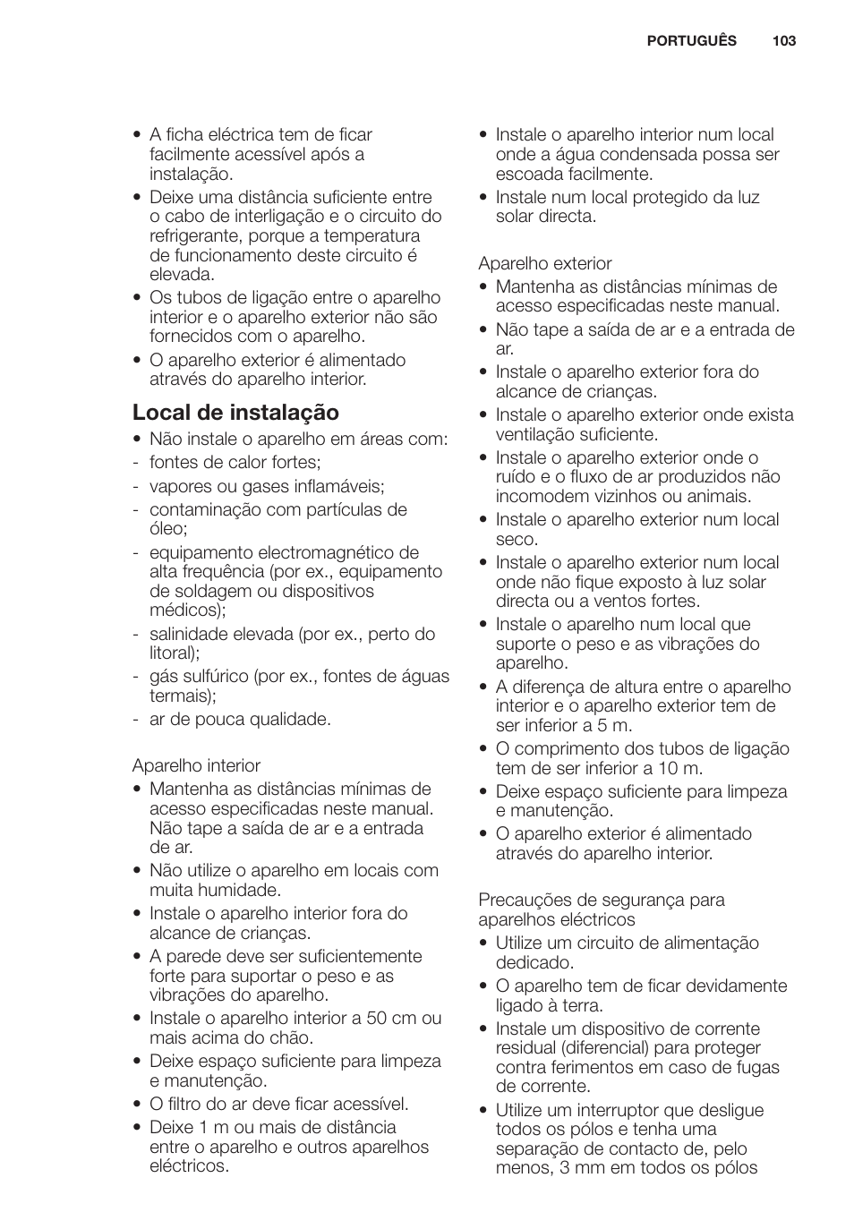 Local de instalação | Electrolux EXH12HL1WE User Manual | Page 103 / 112