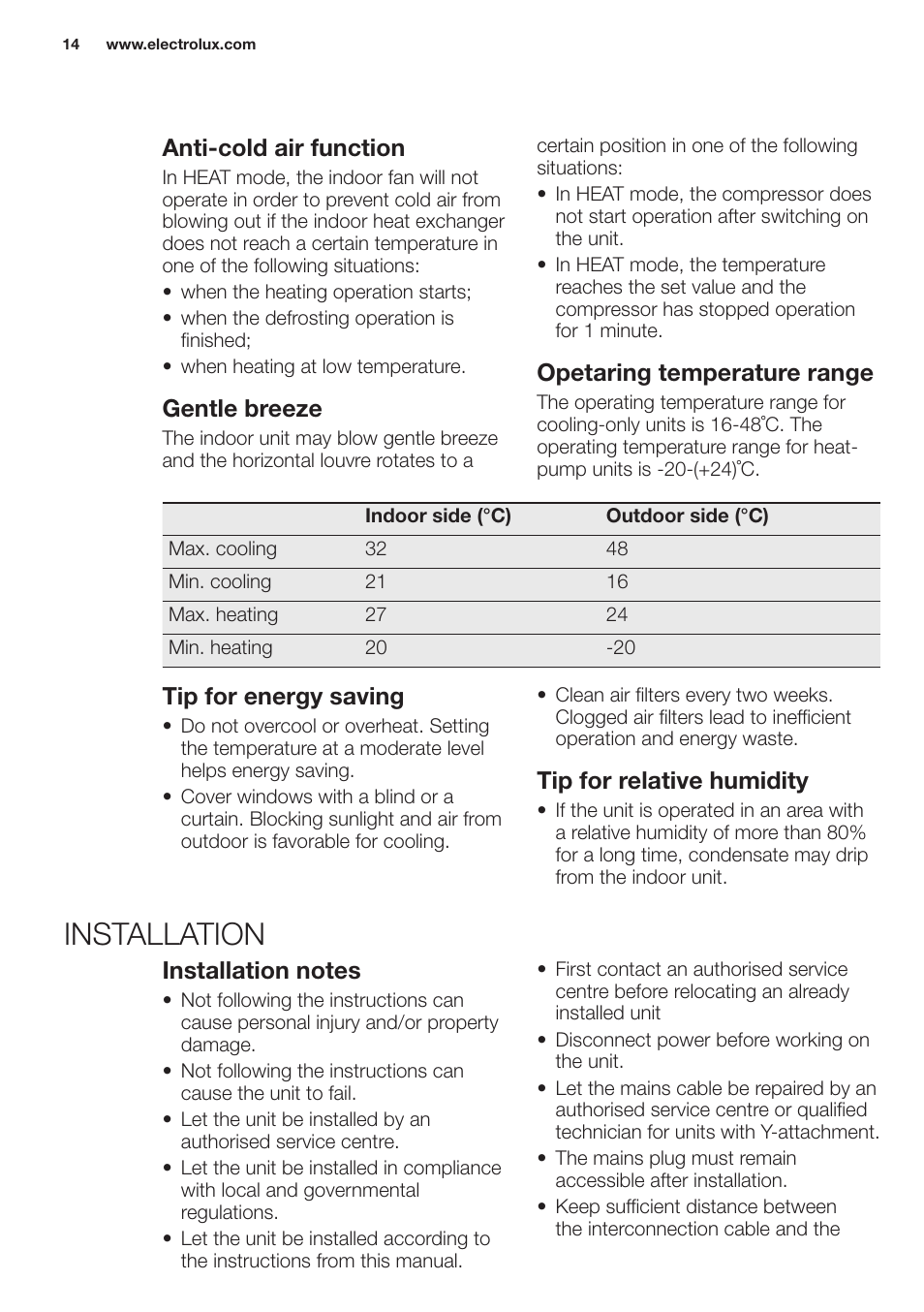 Installation, Anti-cold air function, Gentle breeze | Opetaring temperature range, Tip for energy saving, Tip for relative humidity | Electrolux EXH12HL1WE User Manual | Page 14 / 112