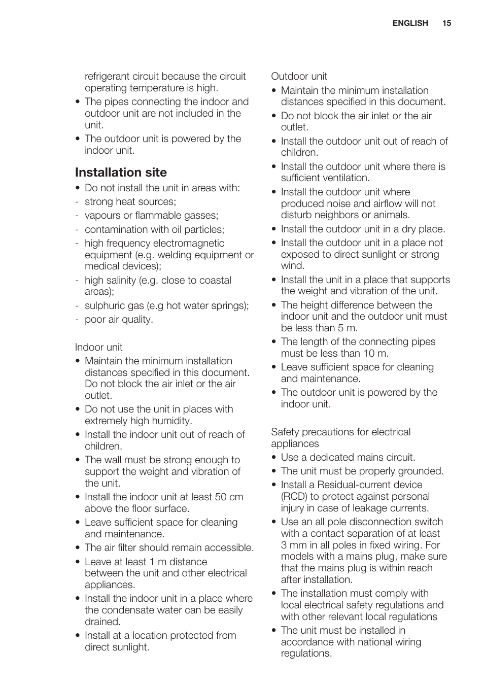 Installation site | Electrolux EXH12HL1WE User Manual | Page 15 / 112