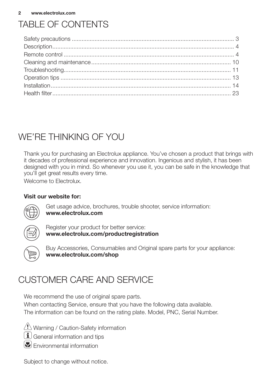 Table of contents we’re thinking of you, Customer care and service | Electrolux EXH12HL1WE User Manual | Page 2 / 112