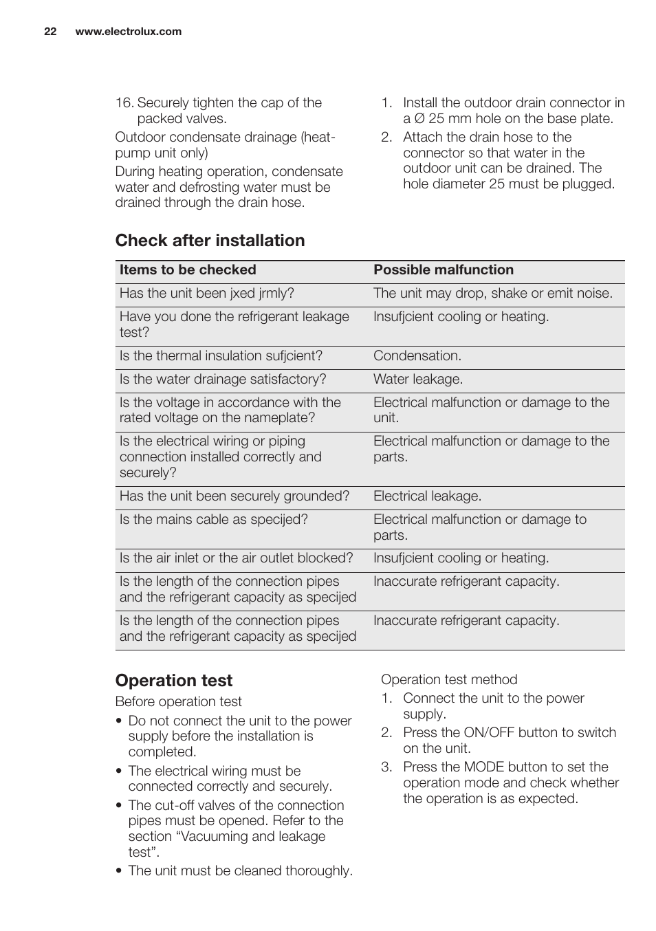 Operation test, Check after installation | Electrolux EXH12HL1WE User Manual | Page 22 / 112